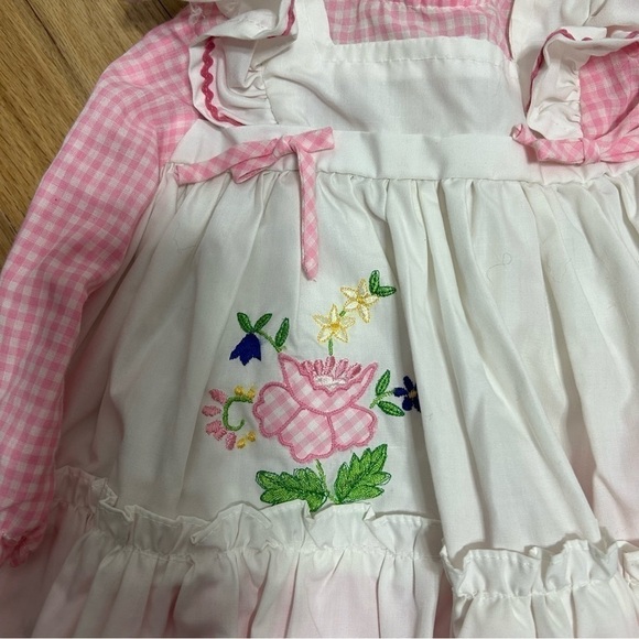 Vintage Smocked Embroidered Dress 12 mos Floral Pink Gingham Long Sleeve - Picture 3 of 8